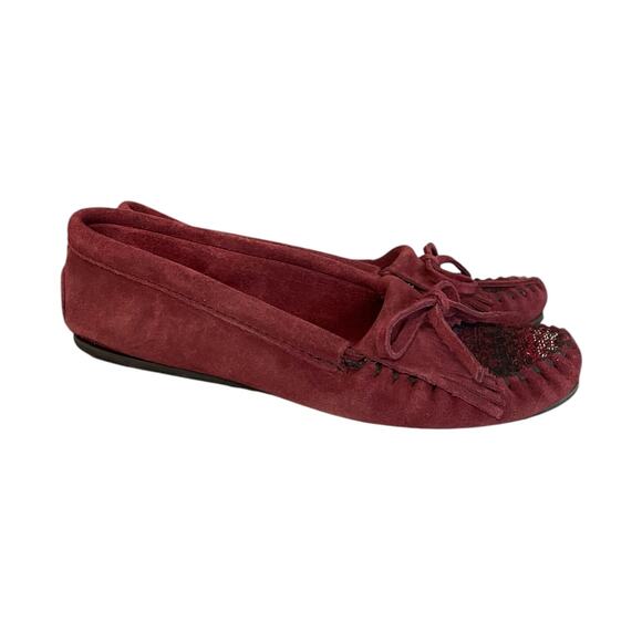 Minnetonka‎ Kilty Burgundy Moccasin Loafer Arizona Fabric Toe Size 8.5 - Picture 8 of 8